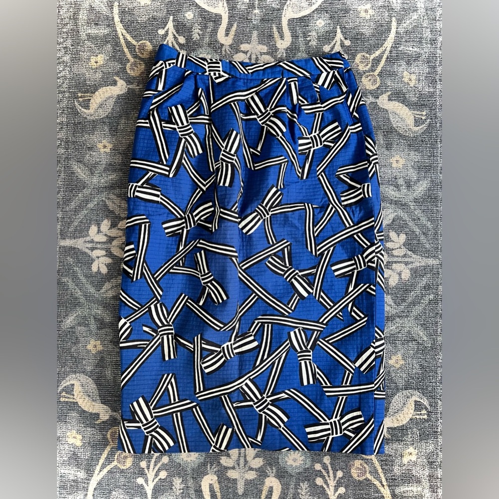 Anne Crimmins for Umi Collection bright blue mod bow print midi skirt